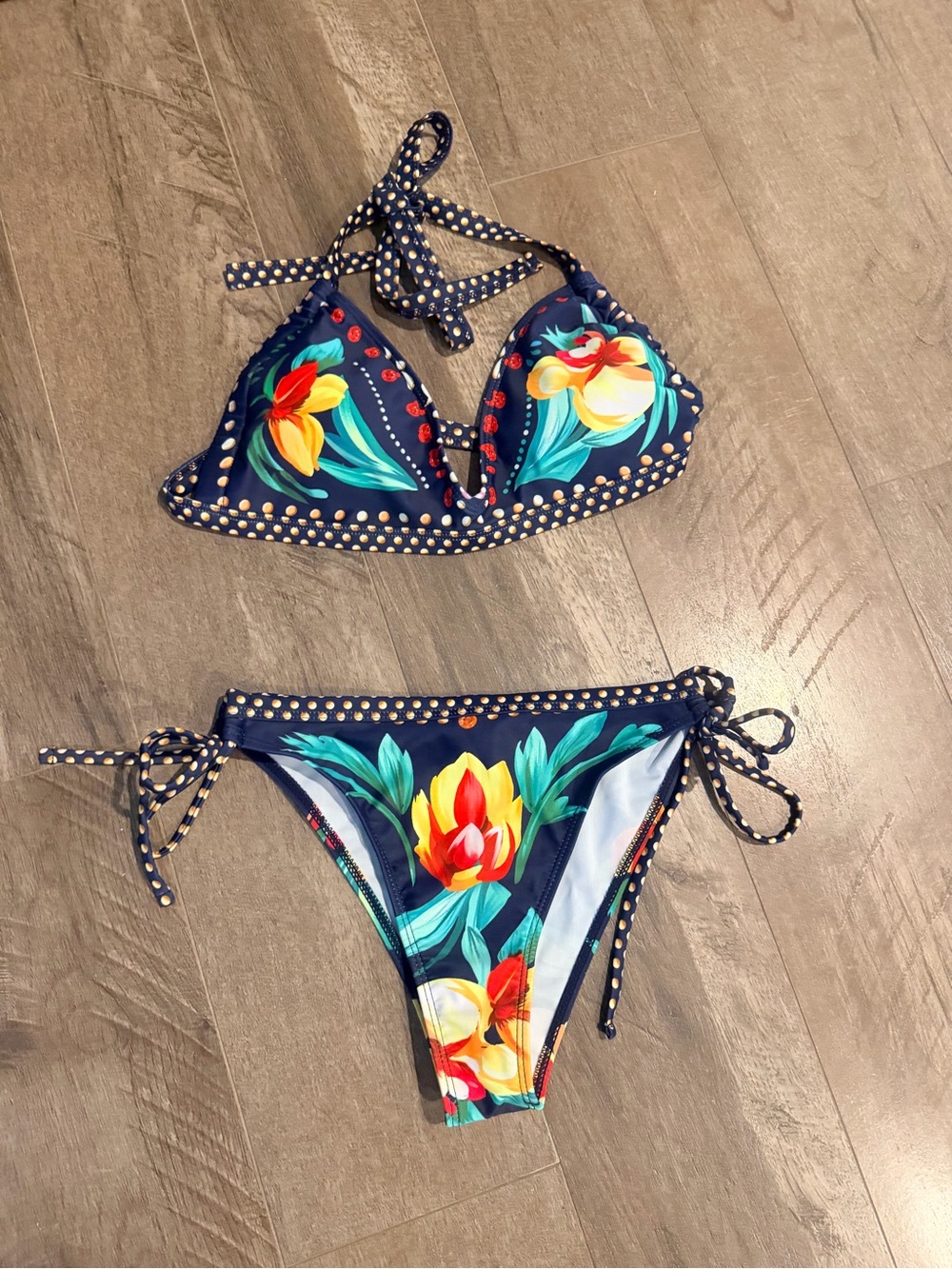 Navy Floral Halter Bikini with Polka Dot Trim